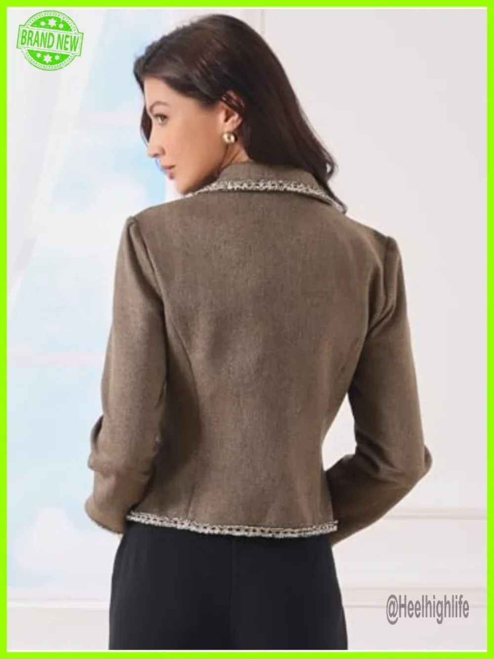 Vintage Tweed Cropped Blazer Double Breasted Long Sleeve Notch Collar Faux